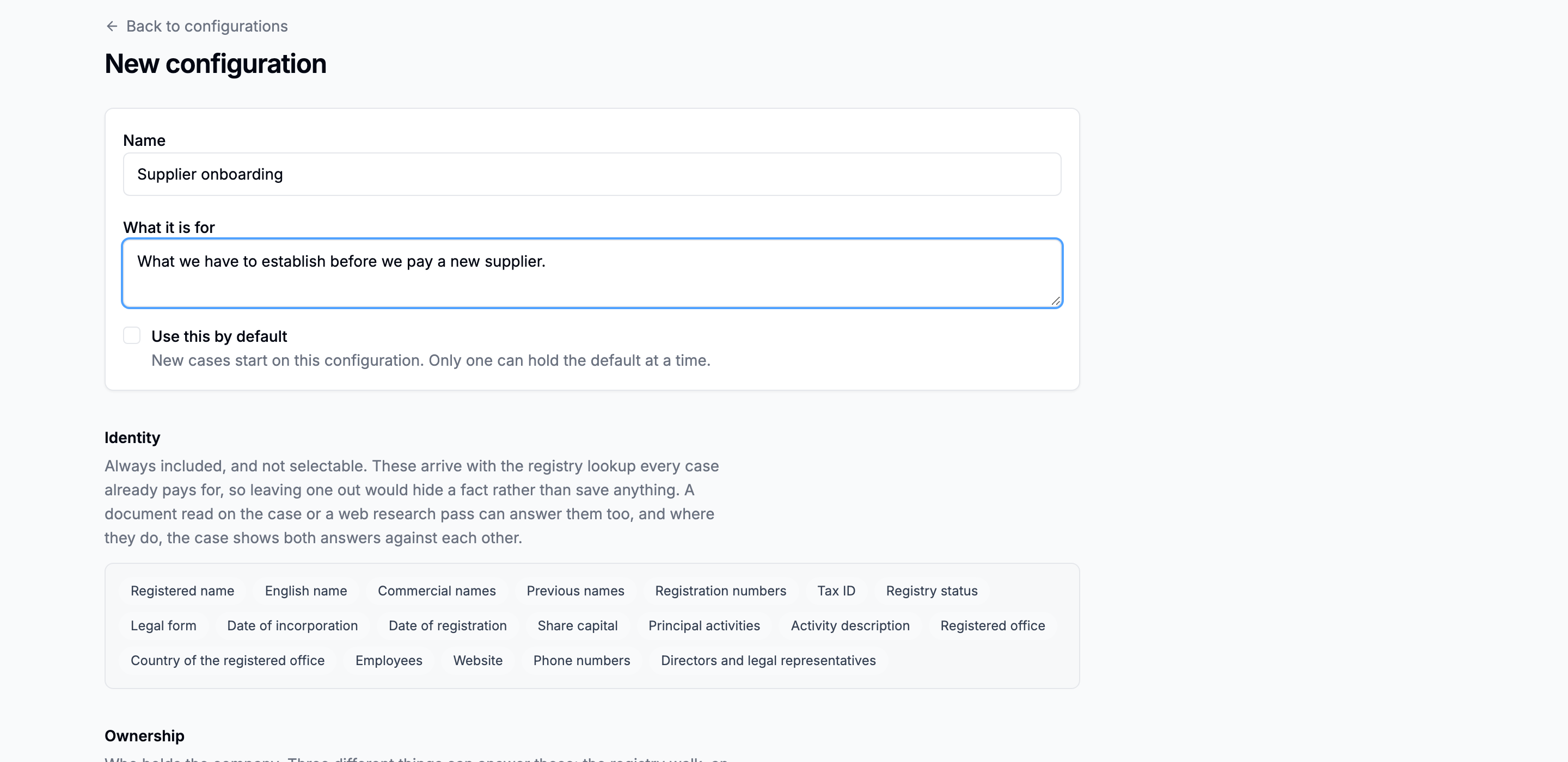 The top of the configuration form: name, what it is for, and the use by default checkbox