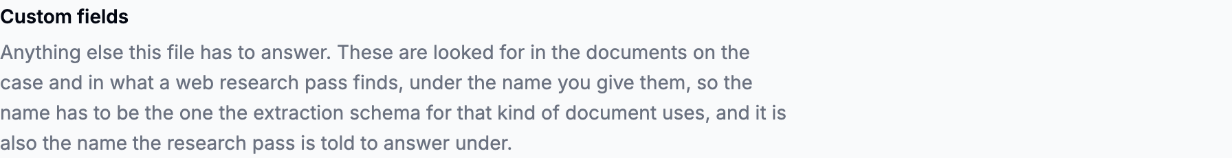A custom field being added, with a label, the name it has in documents, a type and a what to look for hint