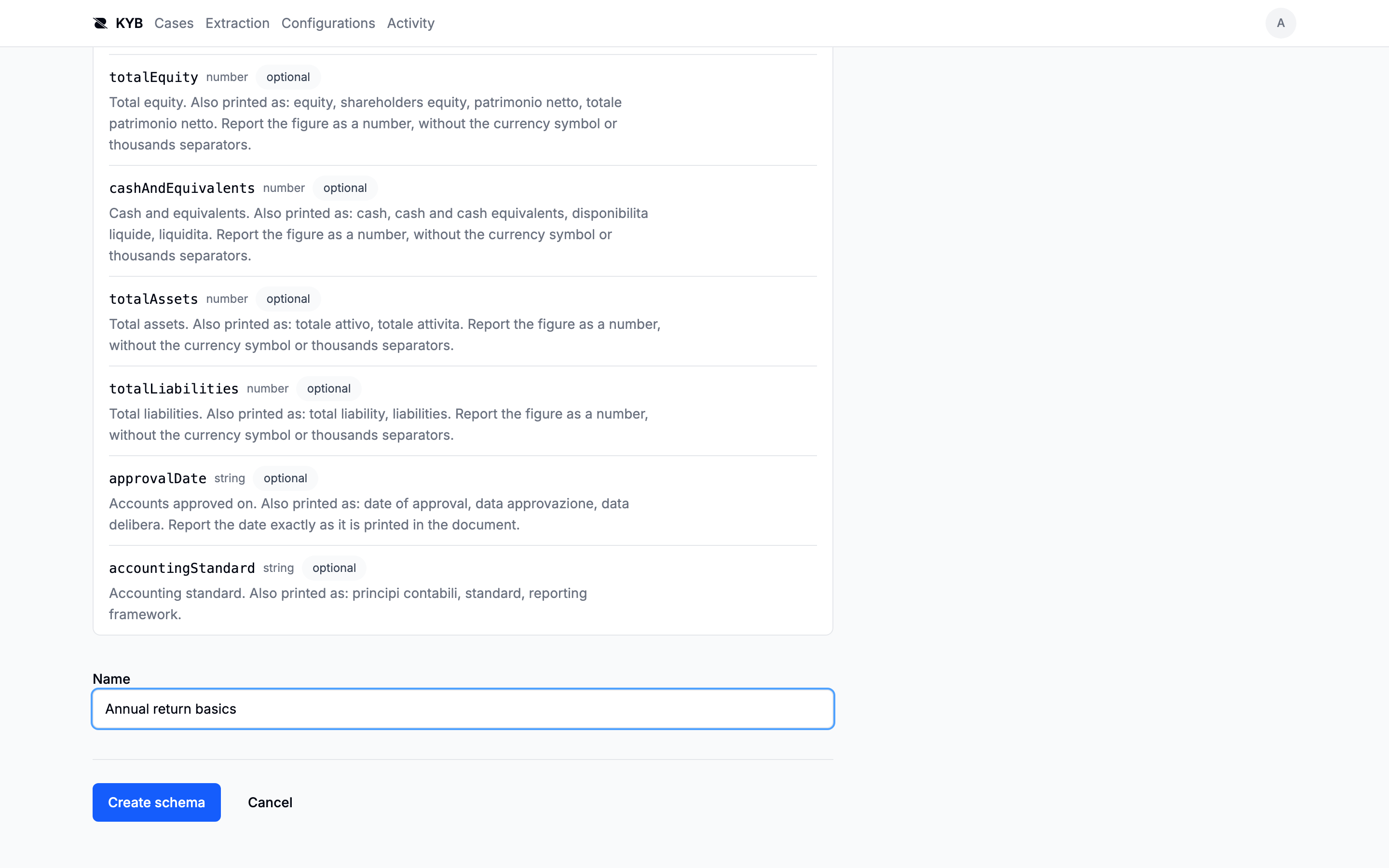 The generated schema shown for review, listing every property it will extract