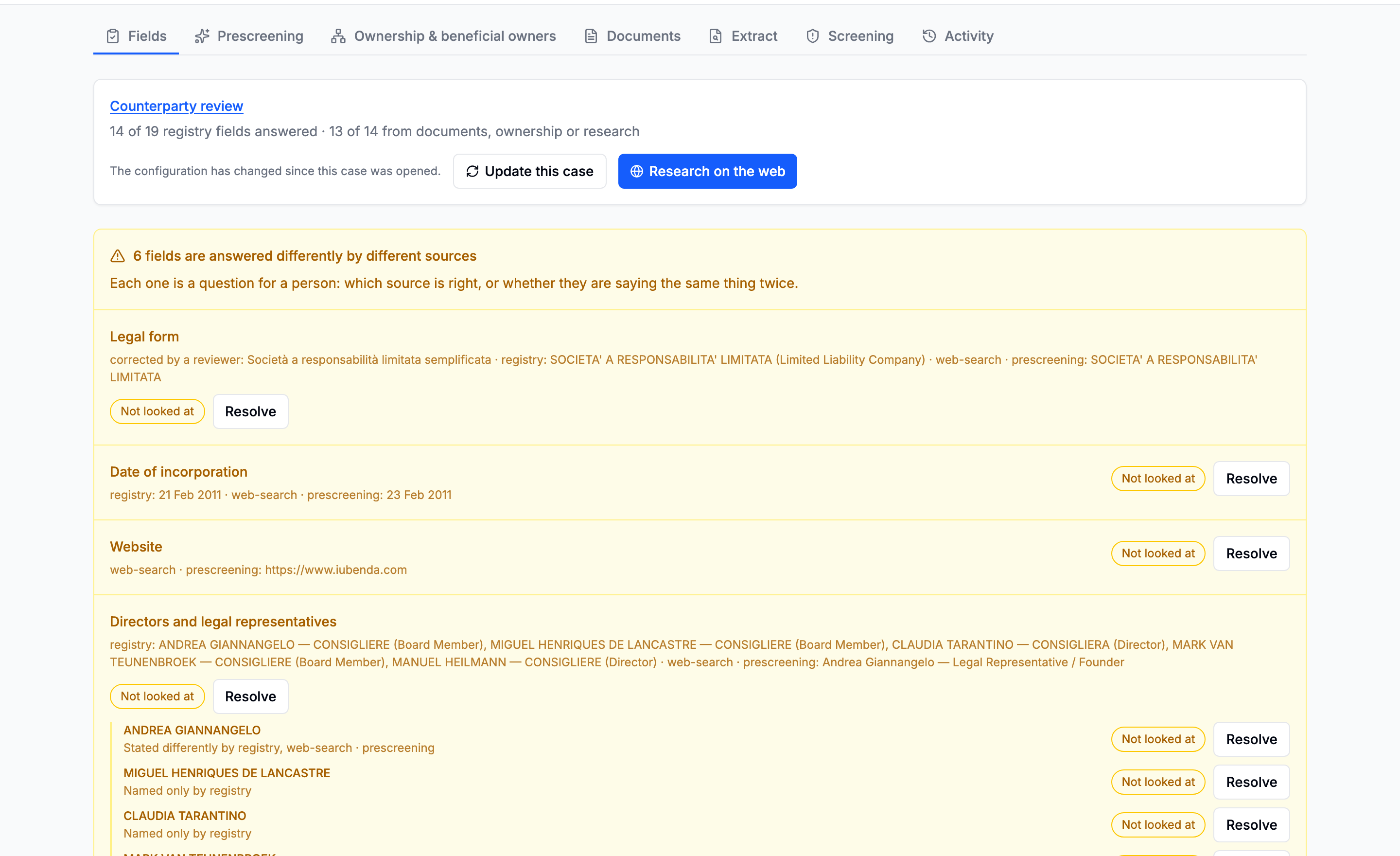 The Fields tab showing the identity, ownership, financial and custom blocks