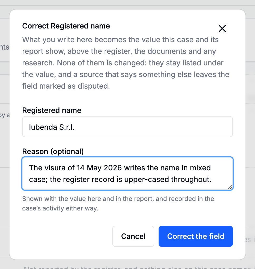 The correction dialog for a field, with the value and an optional reason for the change