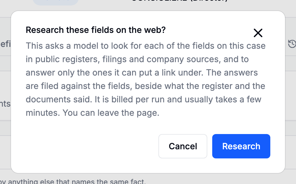 The research fields action on the Fields tab with its confirmation