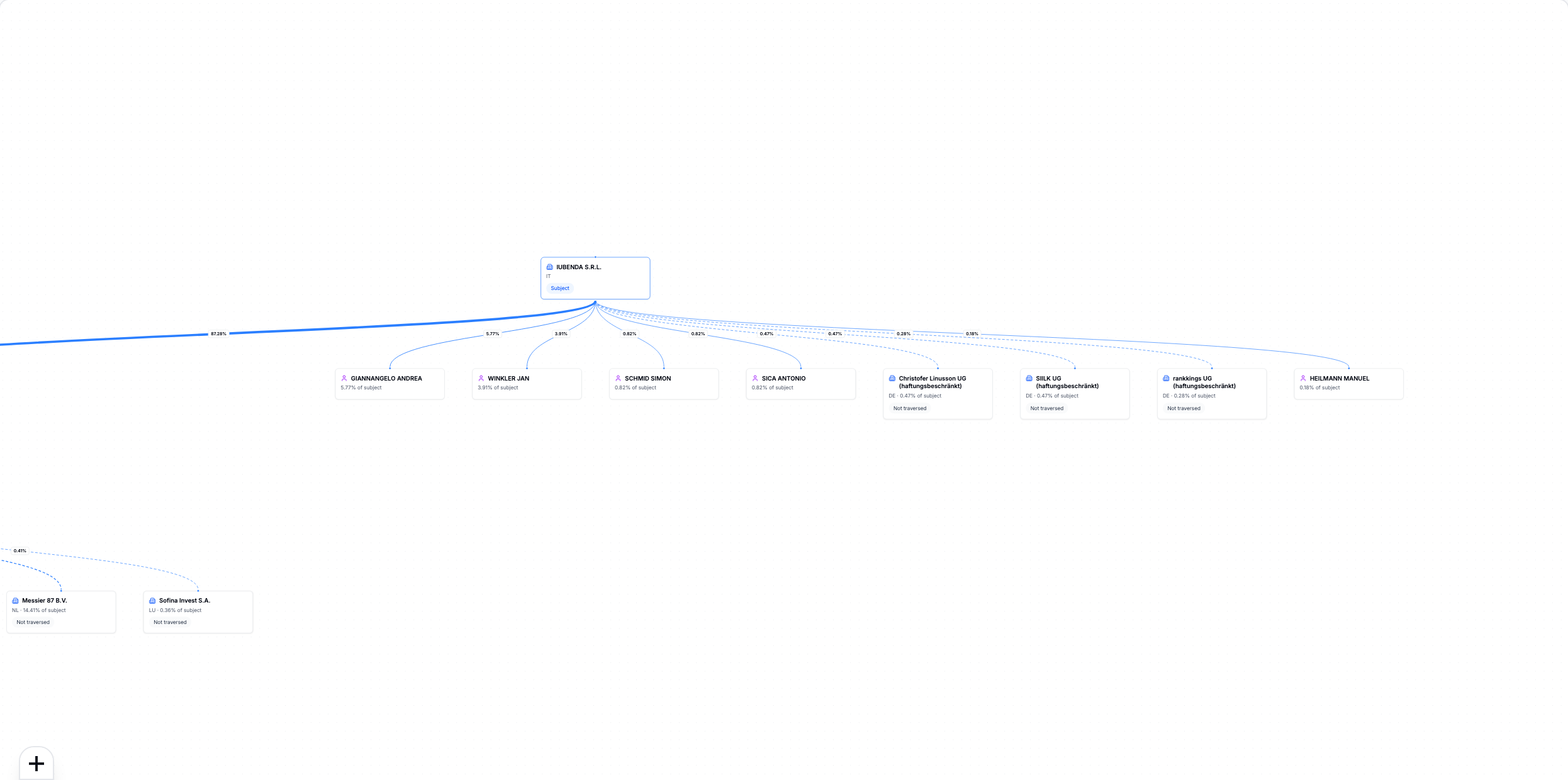 The ownership canvas with the subject company and its shareholders drawn above it, percentages on the links