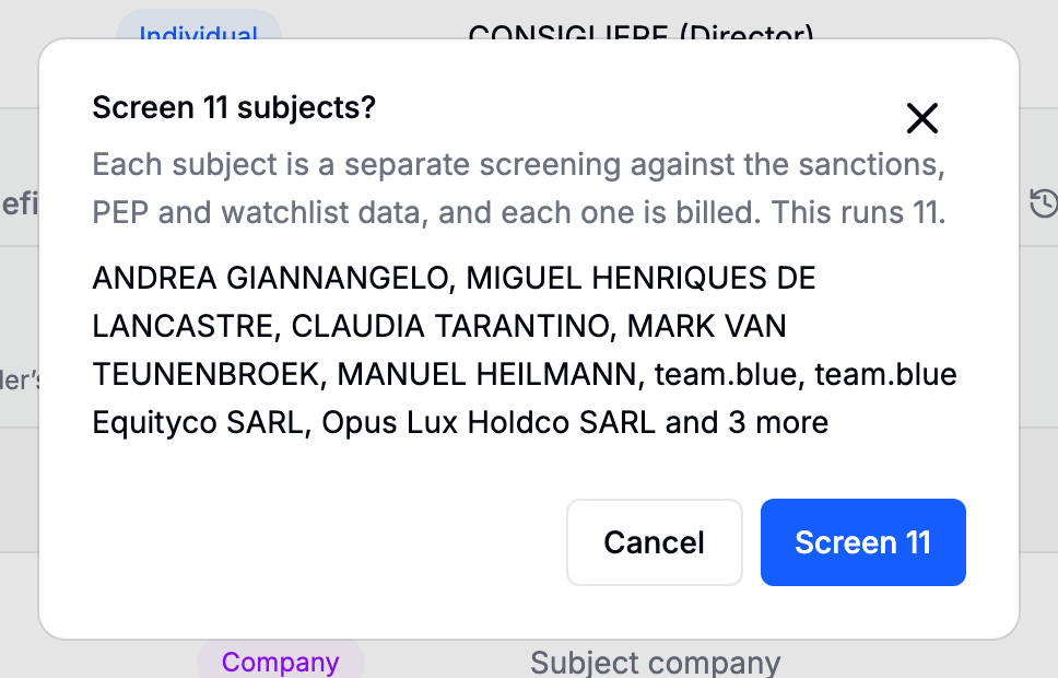 The screening confirmation dialog naming every subject about to be screened