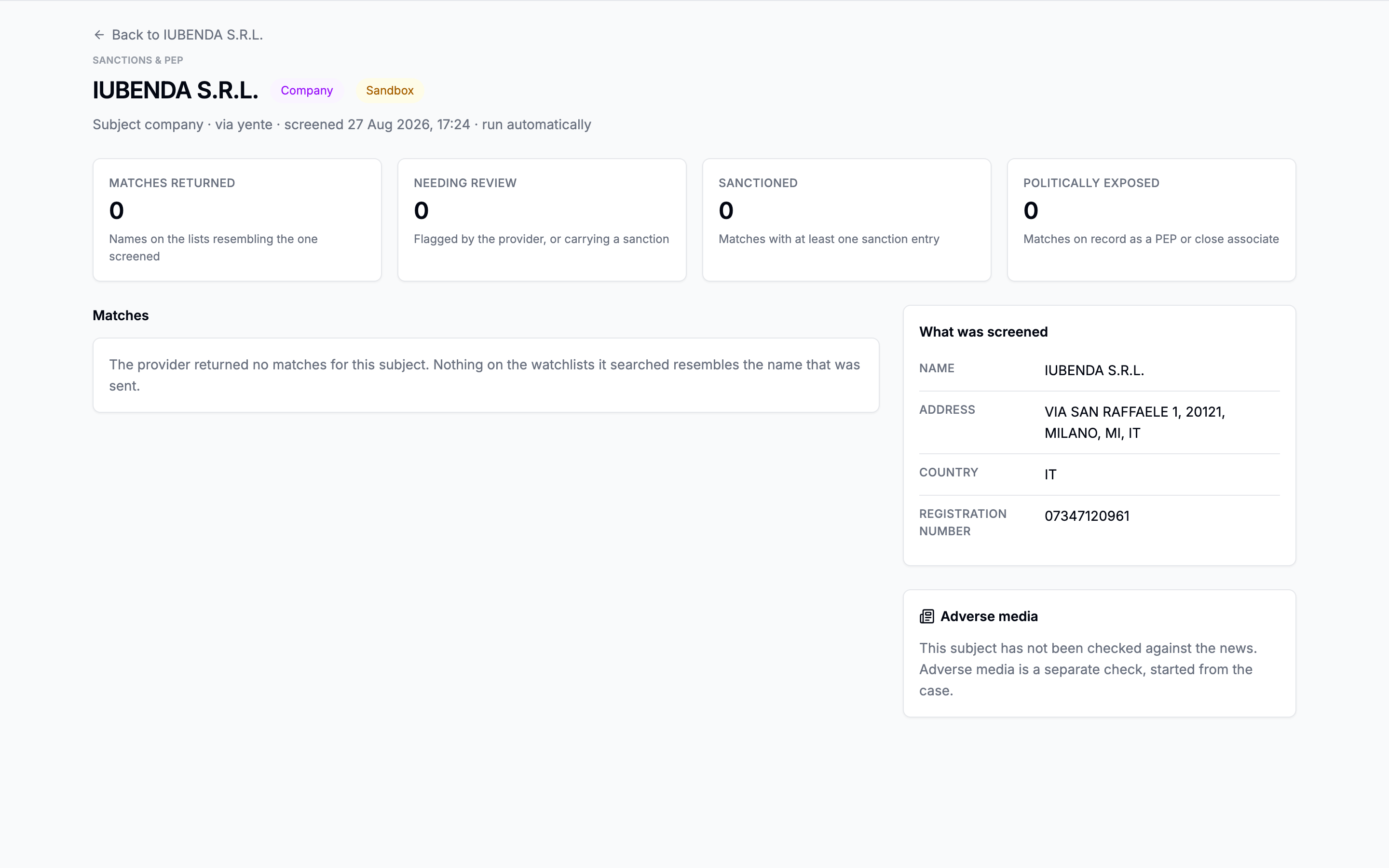 A screening result page listing every match for one subject, with the list each came from and its dates